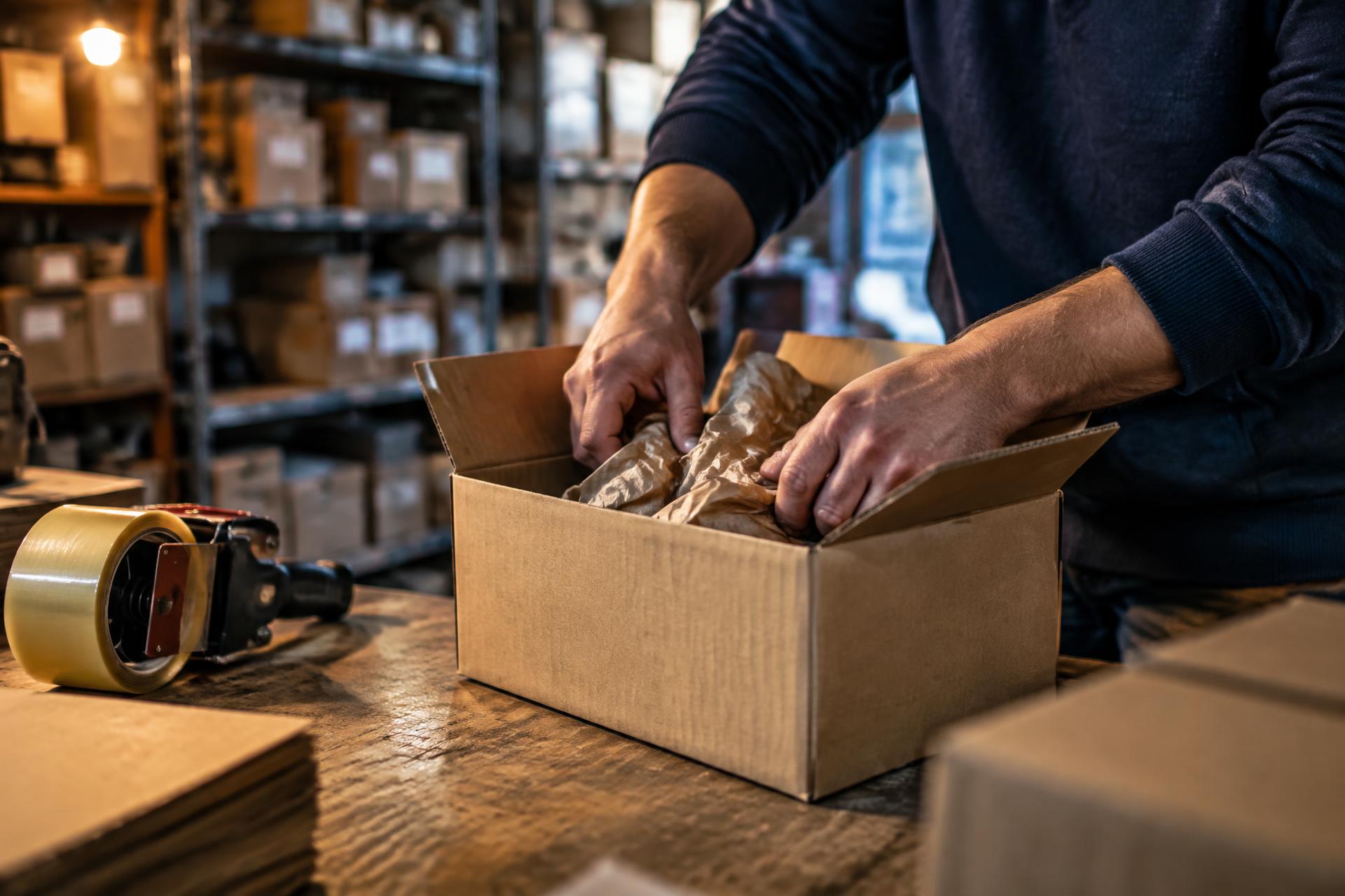 Mains emballant une commande dans un carton kraft sur un poste de préparation (image d'illustration)